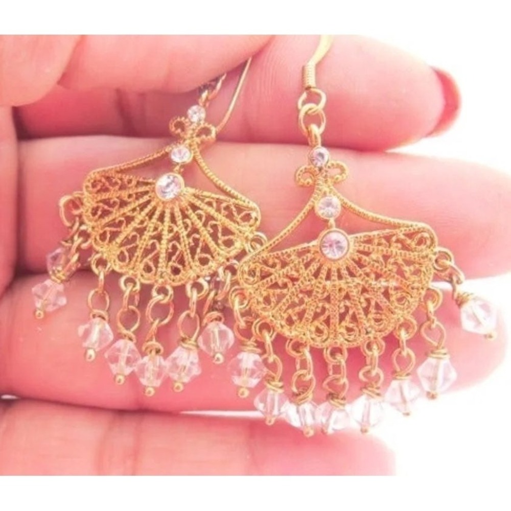 Beautiful Gold Toned Filigree Crystal Chandelier Earrings